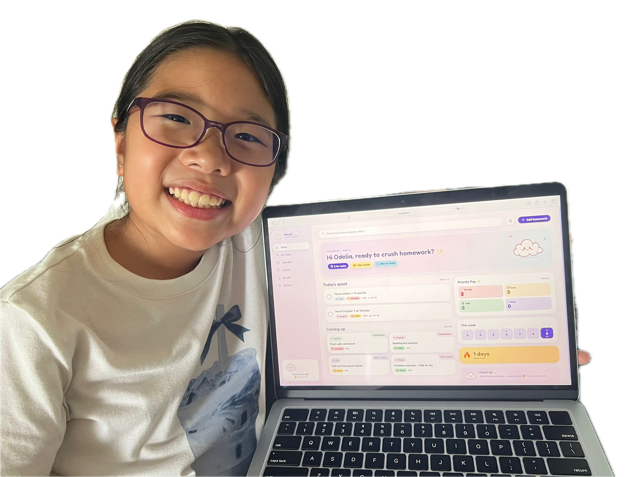 Odelia showing her app Mochi on her laptop